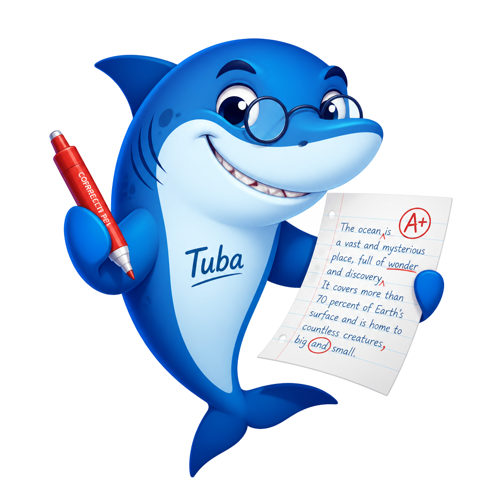 Tuba, o tubarão mascote da RedaTuba, corrigindo uma redação do ENEM